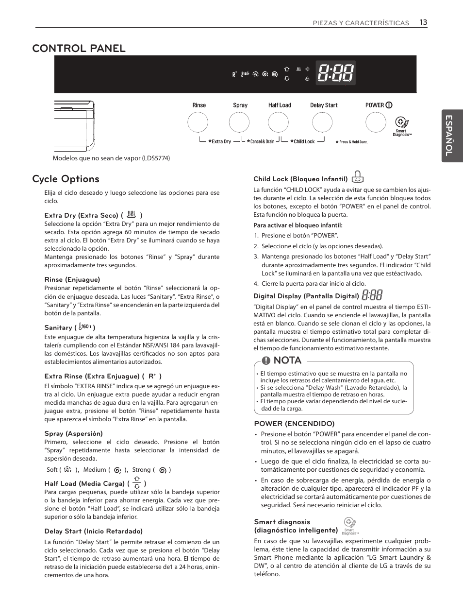 Control panel, Cycle options, Nota | Esp añol | LG LDS5774ST User Manual | Page 47 / 104