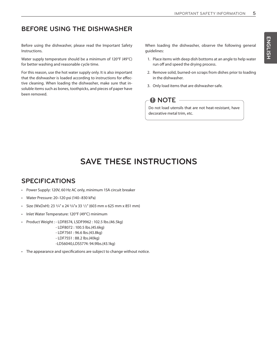 Save these instructions, Before using the dishwasher | LG LDS5774ST User Manual | Page 5 / 104