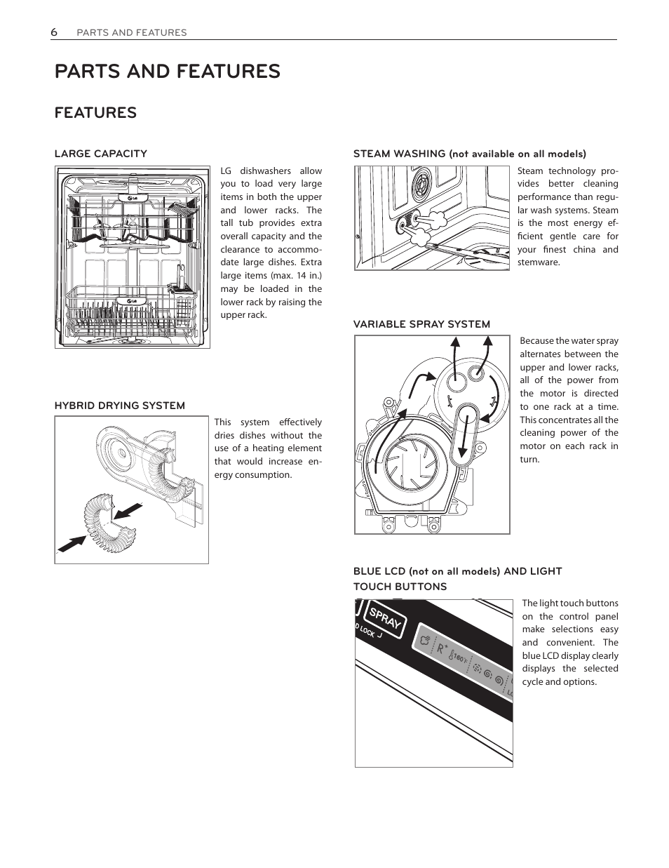 Parts and features, Features | LG LDS5774ST User Manual | Page 6 / 104