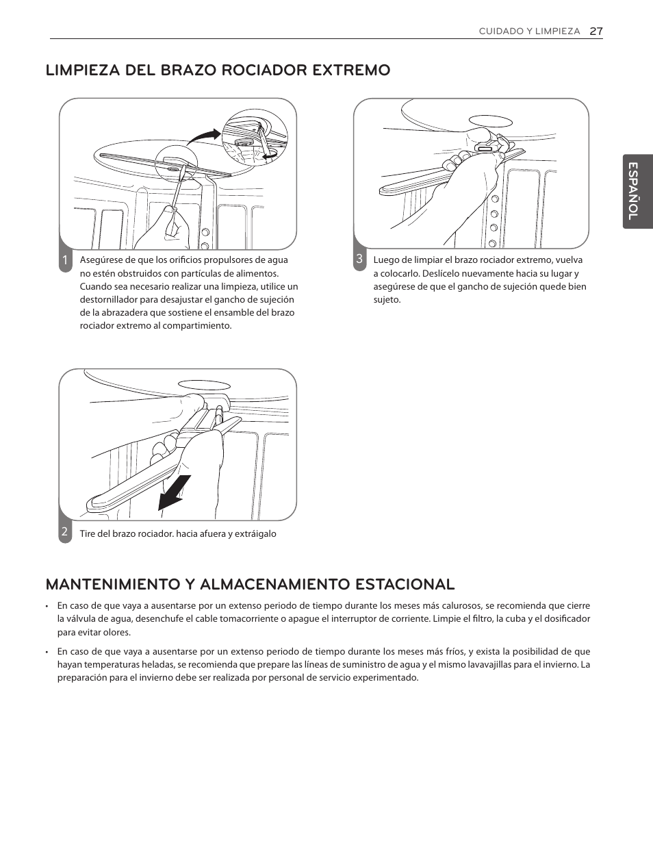 Limpieza del brazo rociador extremo, Mantenimiento y almacenamiento estacional | LG LDS5774ST User Manual | Page 61 / 104