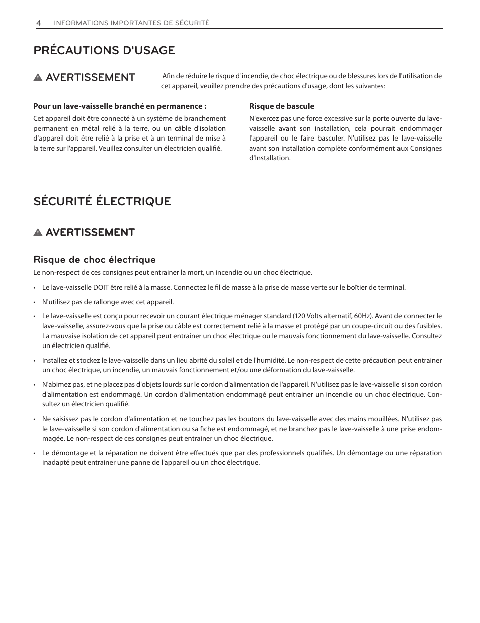 Précautions d'usage, Sécurité électrique, Avertissement | Avertissement risque de choc électrique | LG LDS5774ST User Manual | Page 72 / 104