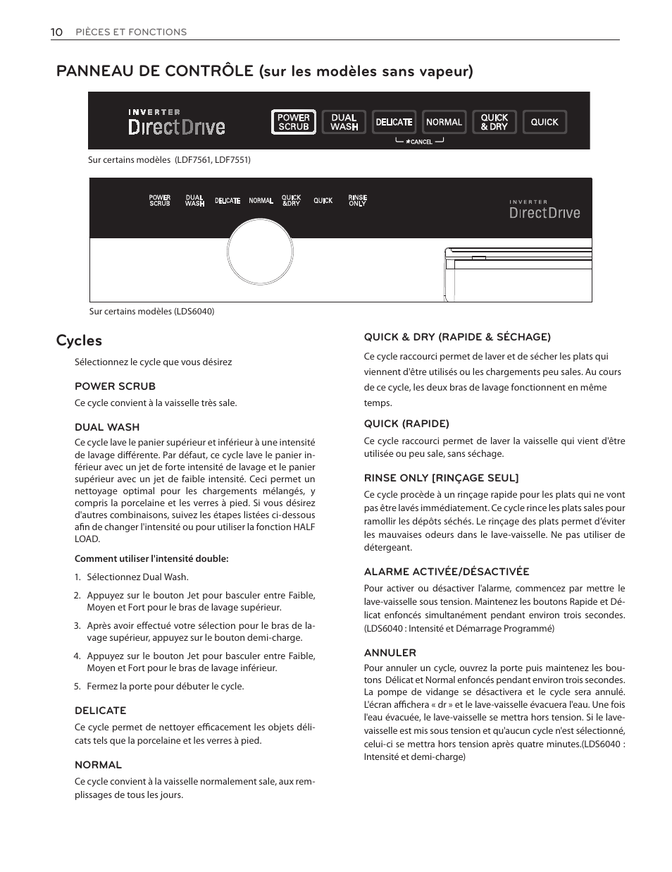 Panneau de contrôle (sur les modèles sans vapeur), Cycles | LG LDS5774ST User Manual | Page 78 / 104