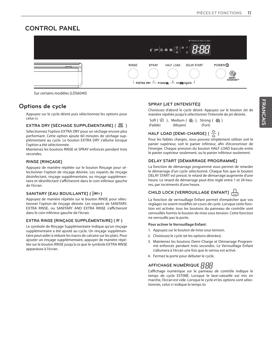 Control panel, Options de cycle, Francais | LG LDS5774ST User Manual | Page 79 / 104