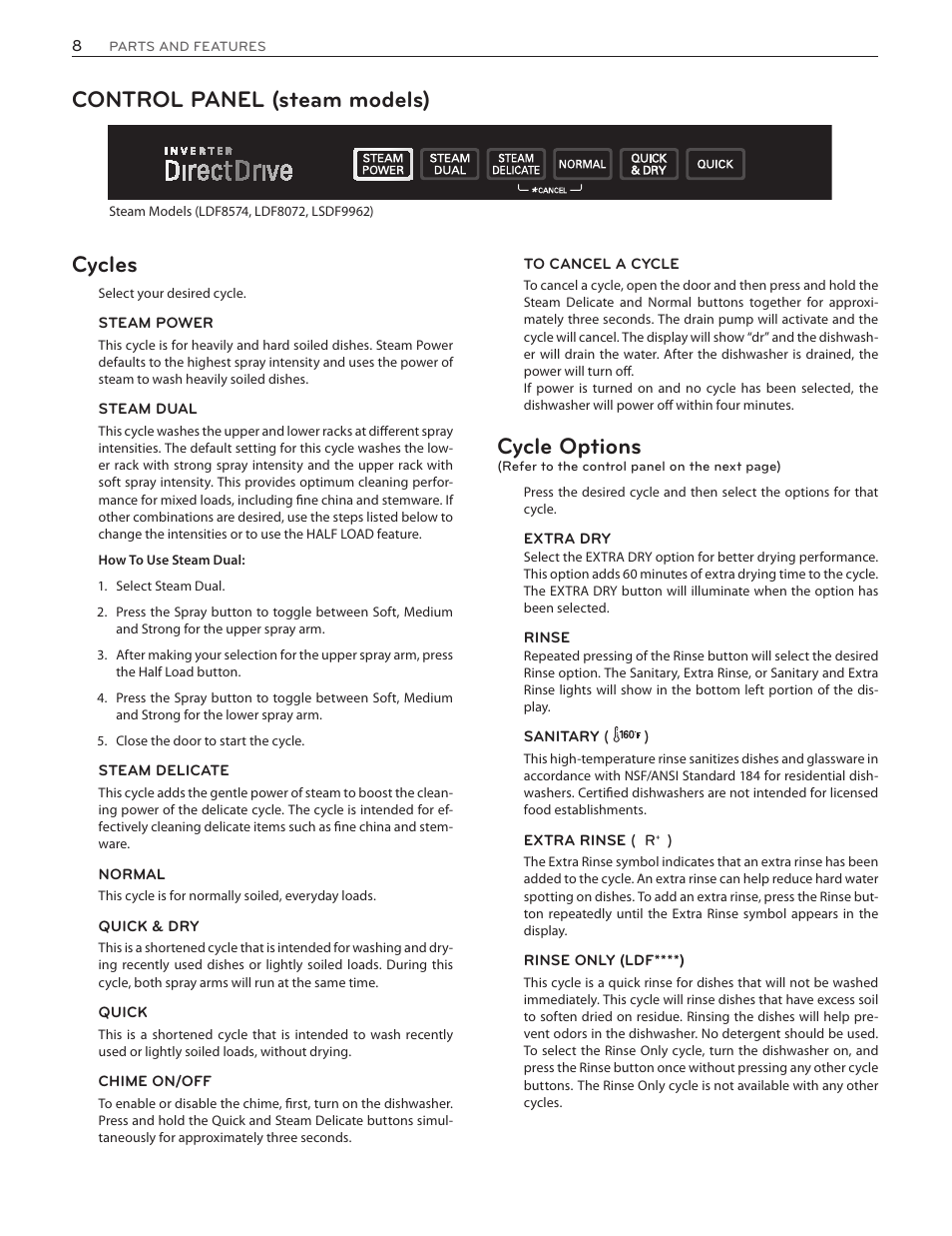 Control panel (steam models) cycles, Cycle options | LG LDS5774ST User Manual | Page 8 / 104