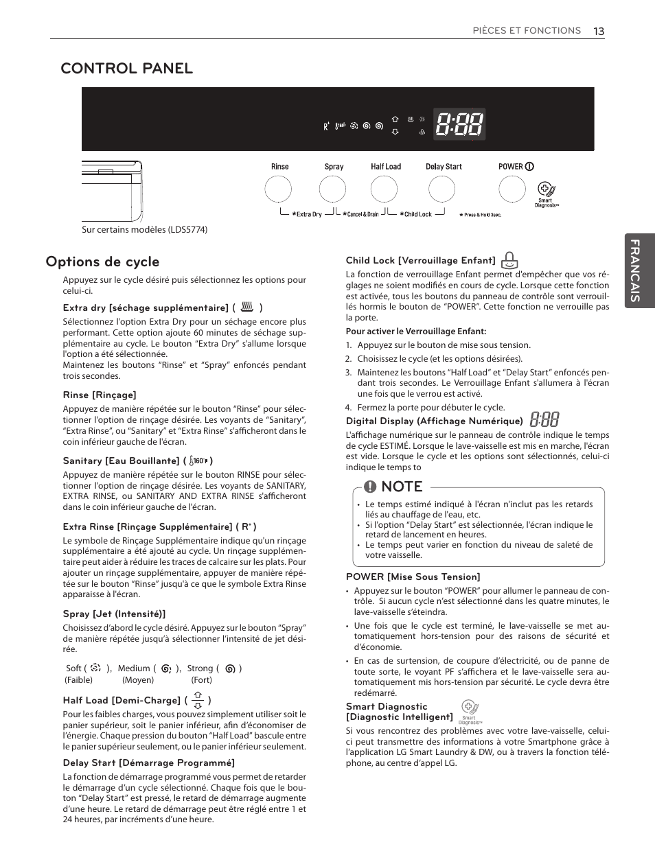 Control panel, Options de cycle, Francais | LG LDS5774ST User Manual | Page 81 / 104