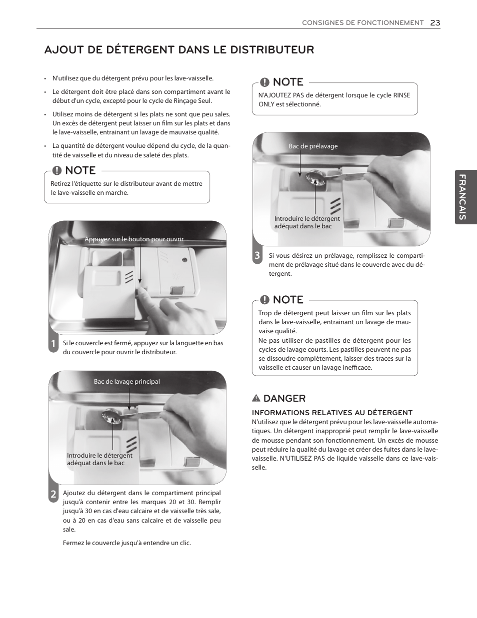 Ajout de détergent dans le distributeur, Danger | LG LDS5774ST User Manual | Page 91 / 104