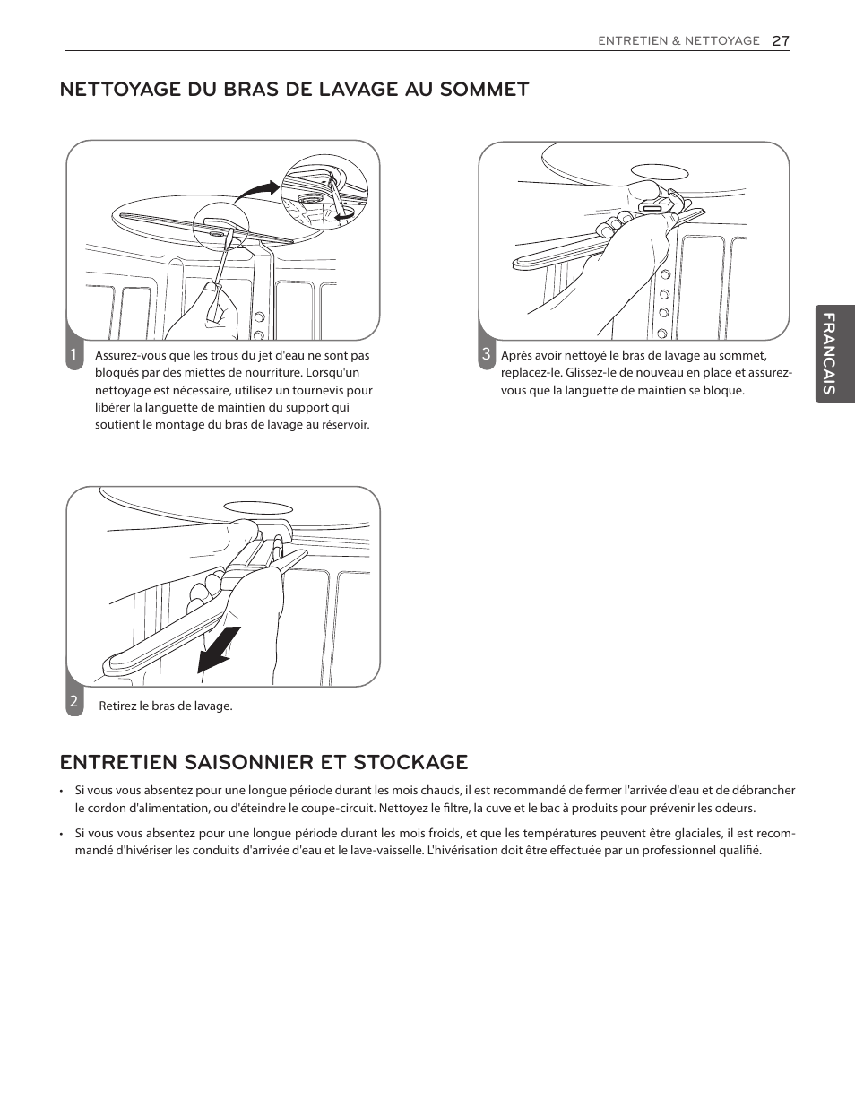 Entretien saisonnier et stockage, Nettoyage du bras de lavage au sommet | LG LDS5774ST User Manual | Page 95 / 104