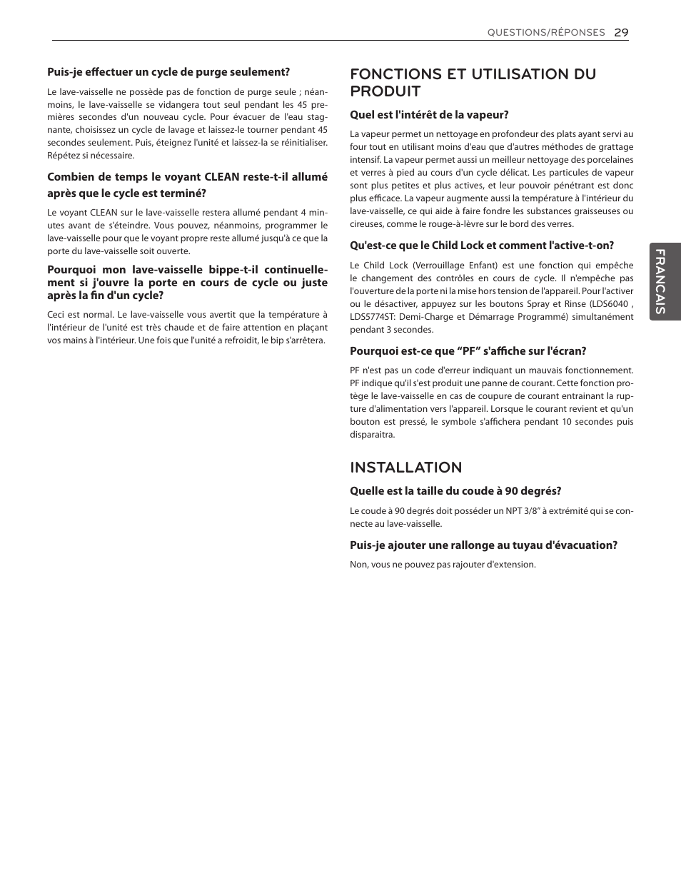 Fonctions et utilisation du produit, Installation | LG LDS5774ST User Manual | Page 97 / 104
