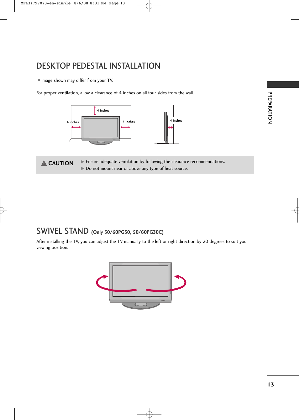 Desktop pedestal installation, Swivel stand, Caution | LG 50PG20-UA User Manual | Page 15 / 34