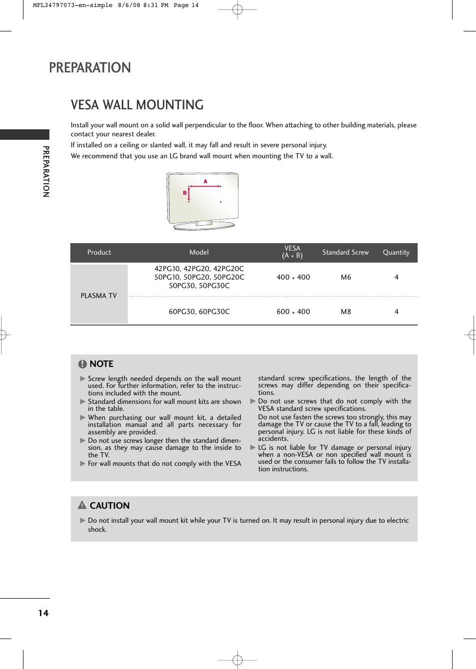 Preparation, Vesa wall mounting, Caution | LG 50PG20-UA User Manual | Page 16 / 34