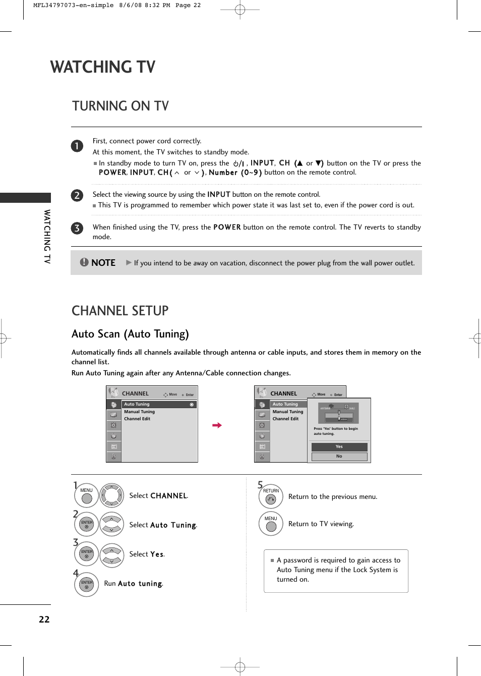 Watching tv, Channel setup, Turning on tv | Auto scan (auto tuning) | LG 50PG20-UA User Manual | Page 24 / 34