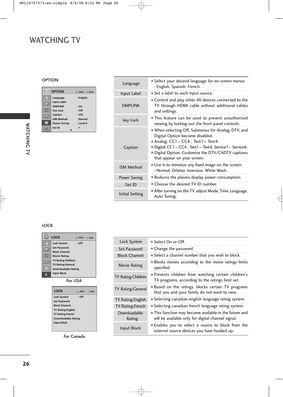 Watching tv, Option, Set a label to each input source | Analog: cc1~ cc4 , text1~ text4, Reduces the plasma display power consumption, Choose the desired tv id number, Select on or off, Change the password, Select a channel number that you wish to block, Selecting canadian english language rating system | LG 50PG20-UA User Manual | Page 28 / 34