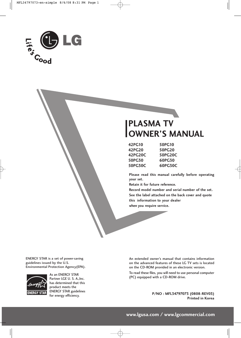 Plasma tv owner’s manual | LG 50PG20-UA User Manual | Page 3 / 34