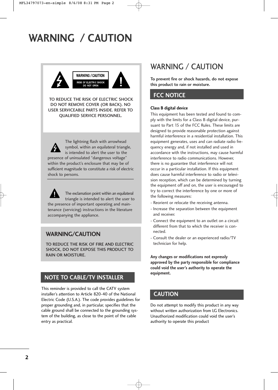 Warning / caution, Fcc notice, Caution | Warning/caution | LG 50PG20-UA User Manual | Page 4 / 34