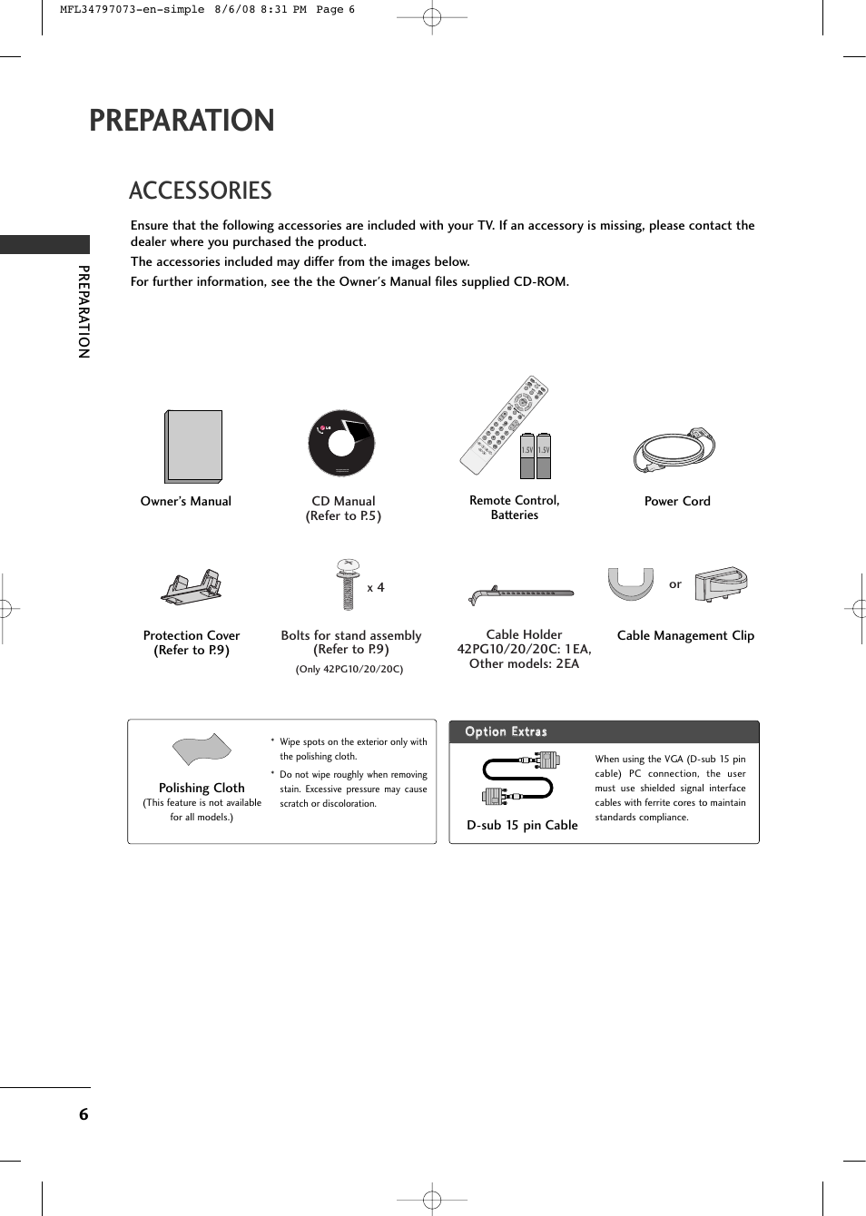 Preparation, Accessories, Prep ar ation | LG 50PG20-UA User Manual | Page 8 / 34