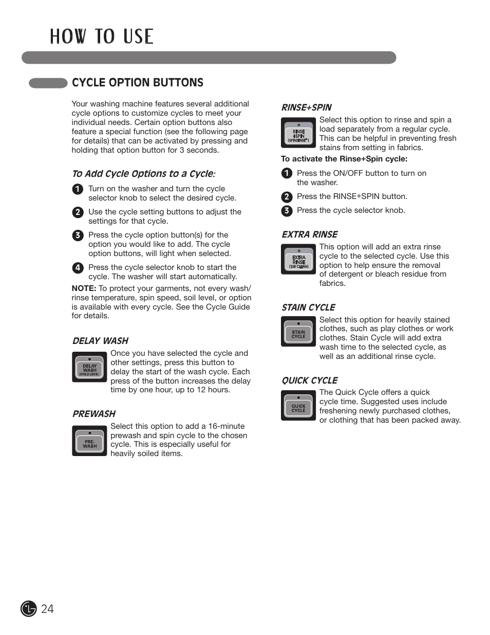 H o w to u s e, Cycle option buttons | LG wm0642hw User Manual | Page 24 / 72