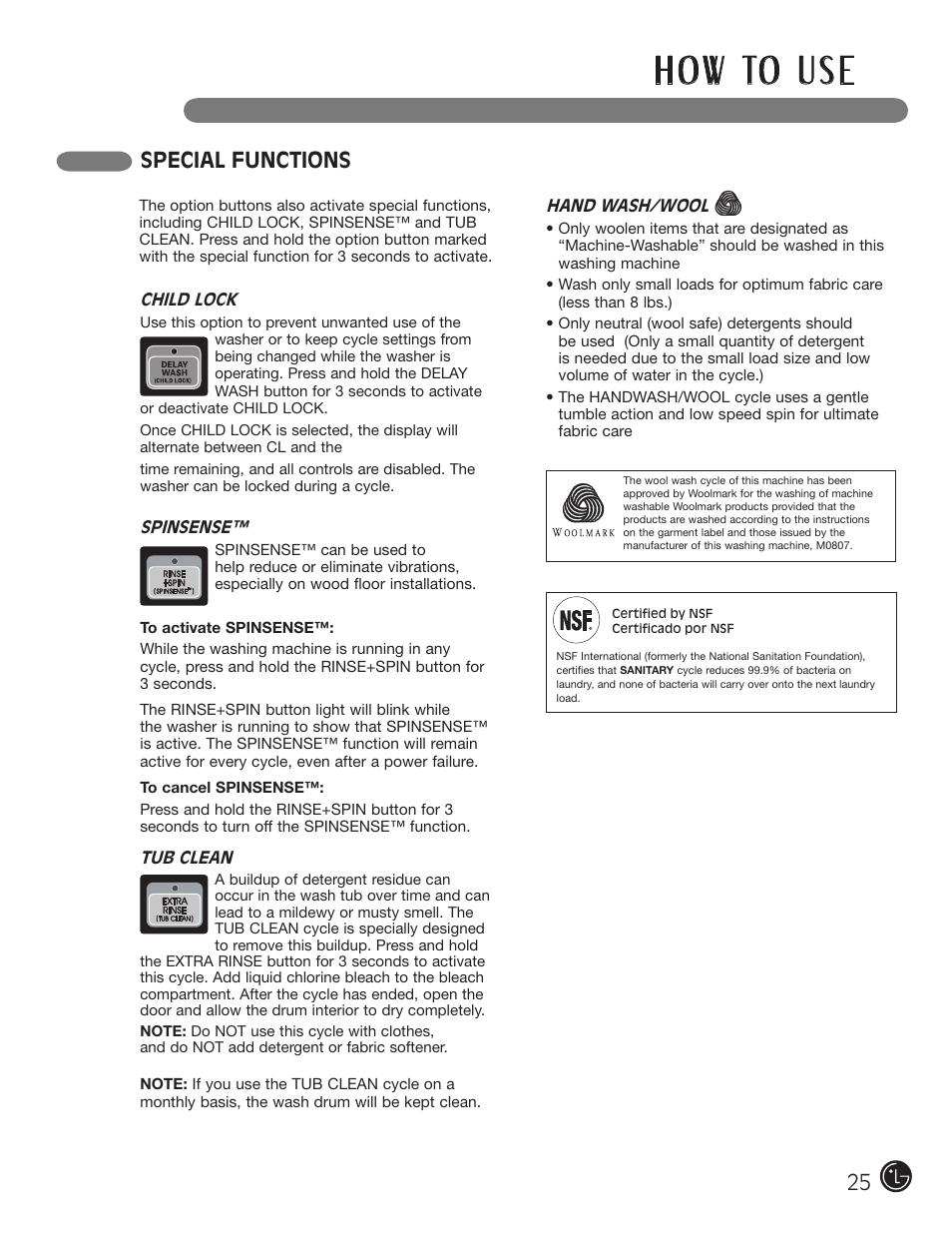 H o w to u s e, Special functions | LG wm0642hw User Manual | Page 25 / 72