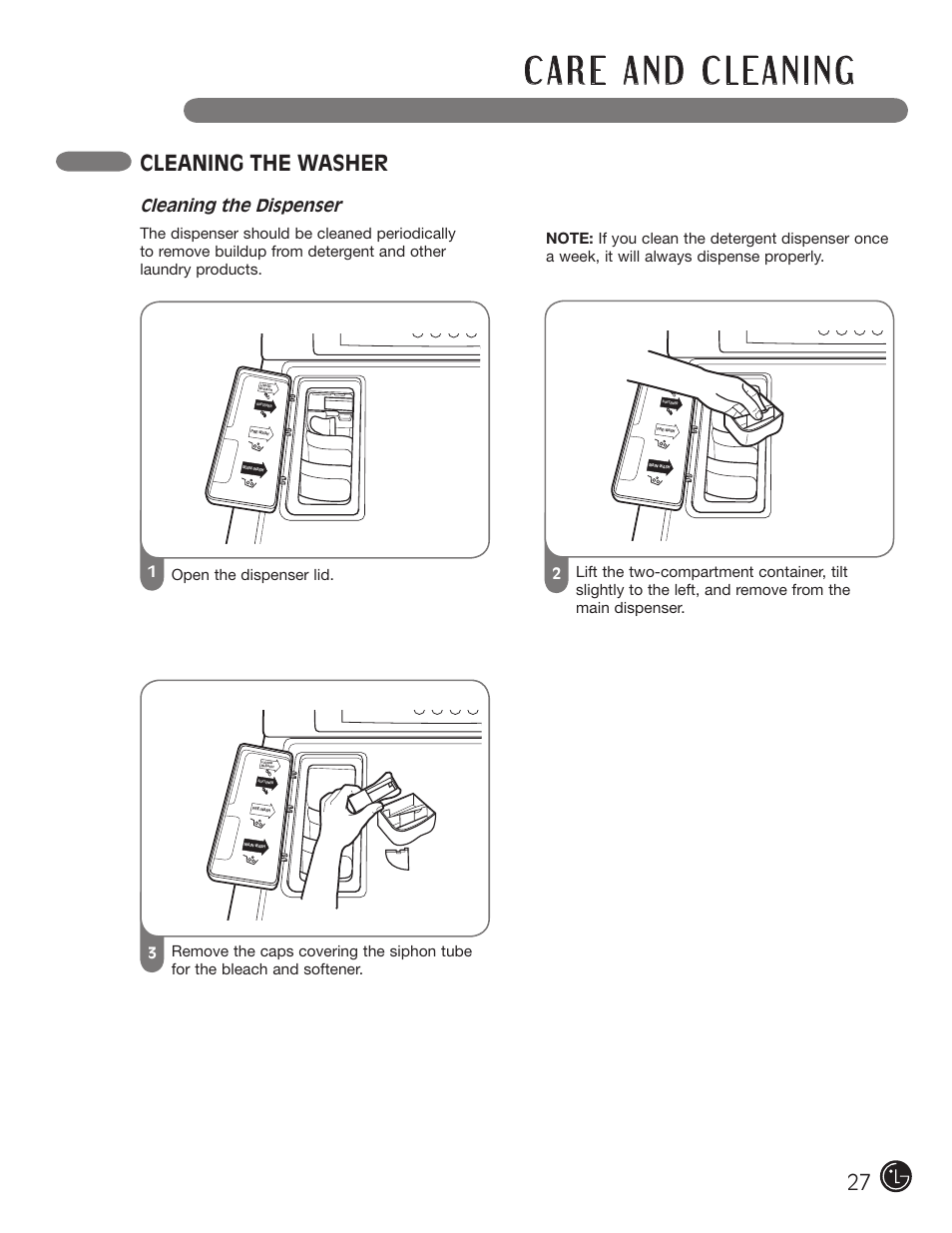 Cleaning the washer, Cleaning the dispenser | LG wm0642hw User Manual | Page 27 / 72