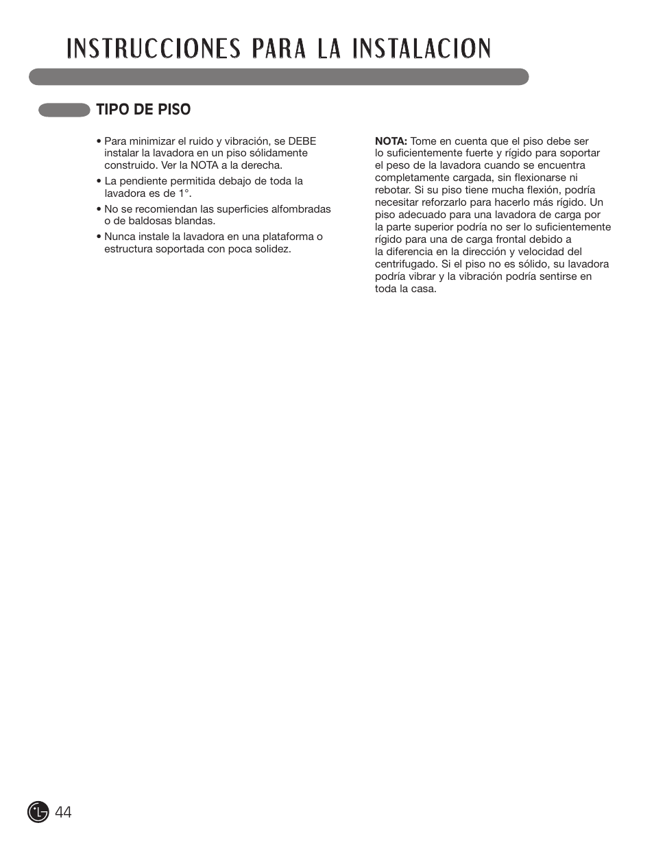 Tipo de piso | LG wm0642hw User Manual | Page 44 / 72