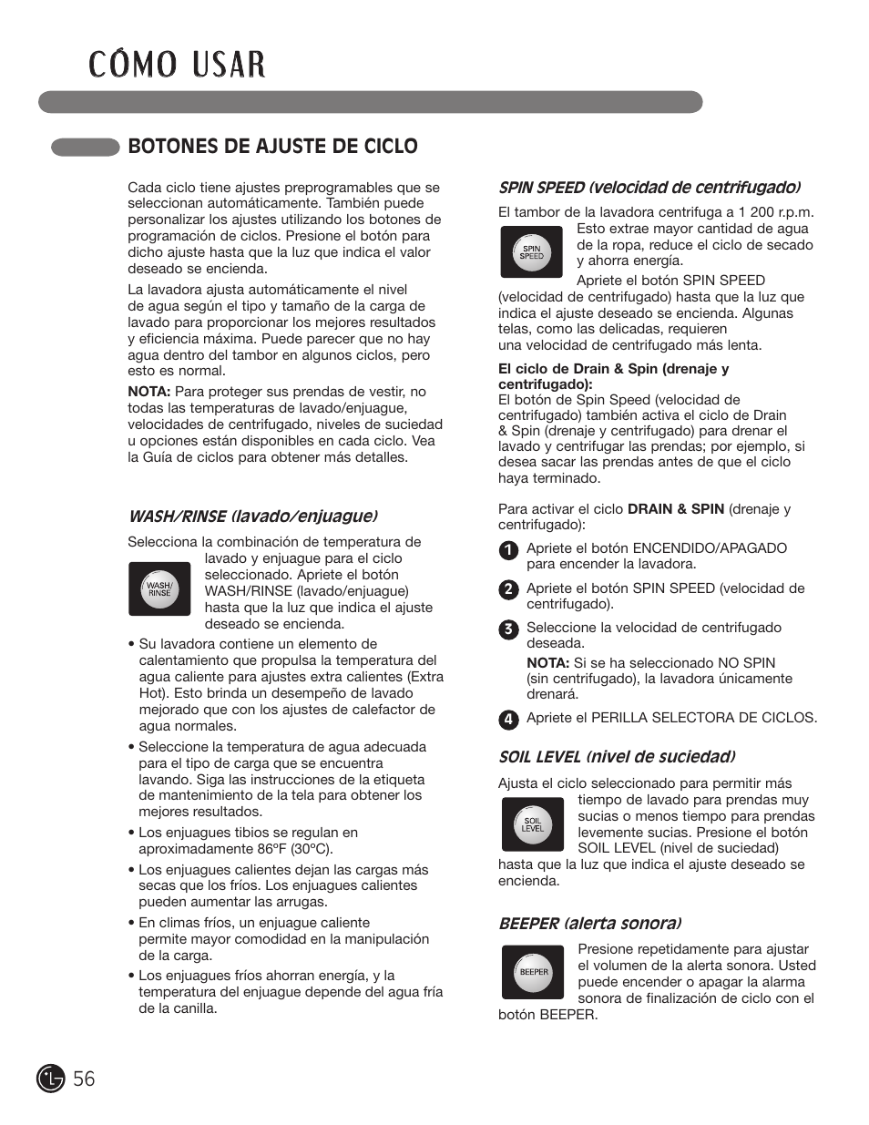 Botones de ajuste de ciclo | LG wm0642hw User Manual | Page 56 / 72