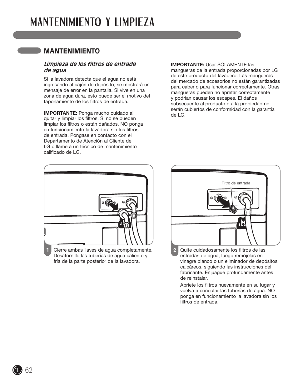 Mantenimiento y limpieza, Mantenimiento | LG wm0642hw User Manual | Page 62 / 72