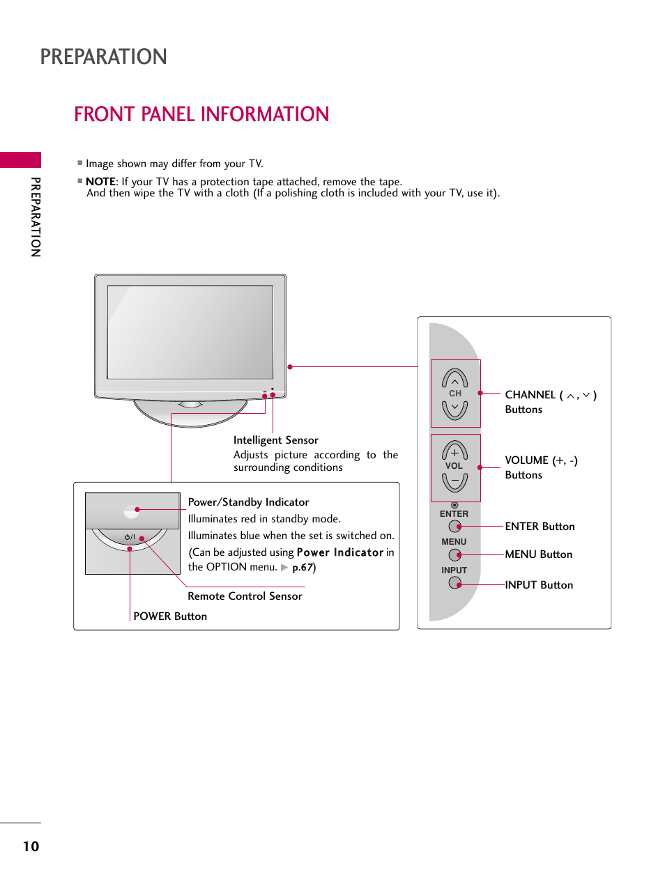 Front panel information, Preparation | LG 42LG50 User Manual | Page 10 / 114