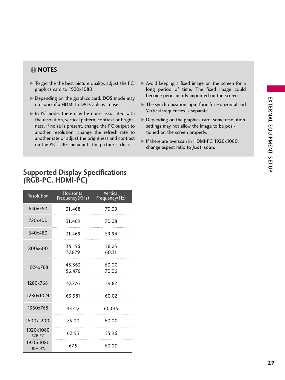 Supported display specifications (rgb-pc, hdmi-pc) | LG 42LG50 User Manual | Page 27 / 114