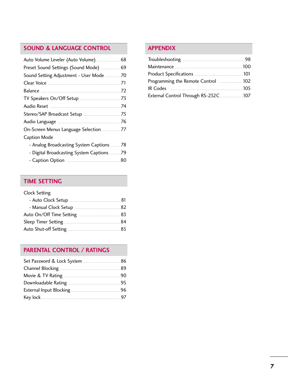 7sound & language control, Time setting, Parental control / ratings | Appendix | LG 42LG50 User Manual | Page 7 / 114