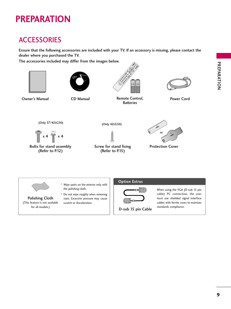 Preparation, Accessories, Prep ar at ion | Polishing cloth, D-sub 15 pin cable, Cd manual, Bolts for stand assembly (refer to p.12), Copyright© 2007 lge, all rights reserved, Pa g e | LG 42LG50 User Manual | Page 9 / 114