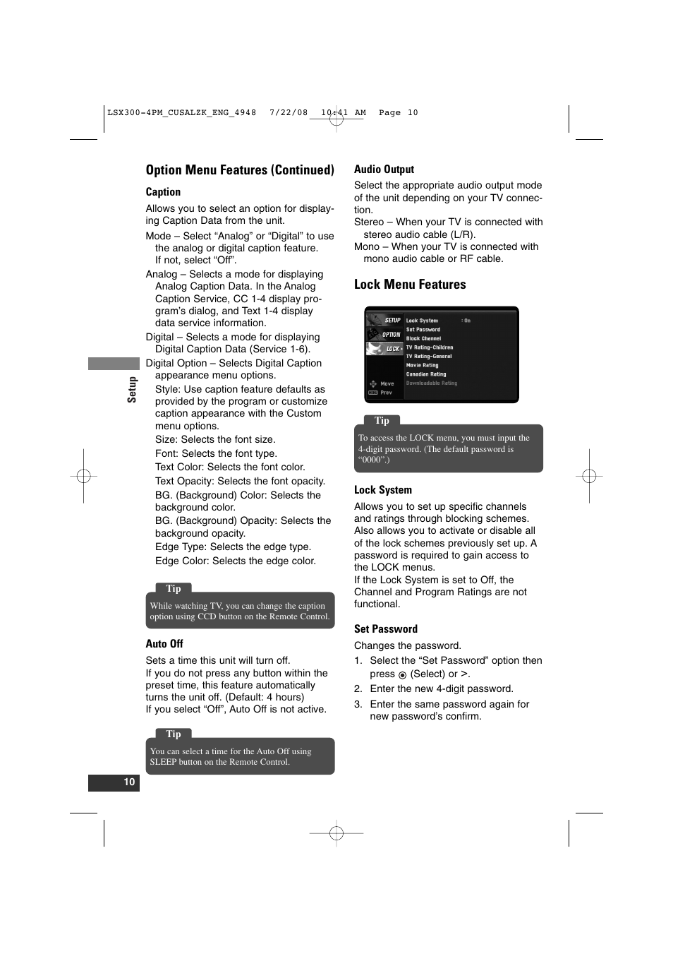 Option menu features (continued), Lock menu features | LG DTT901 User Manual | Page 10 / 36