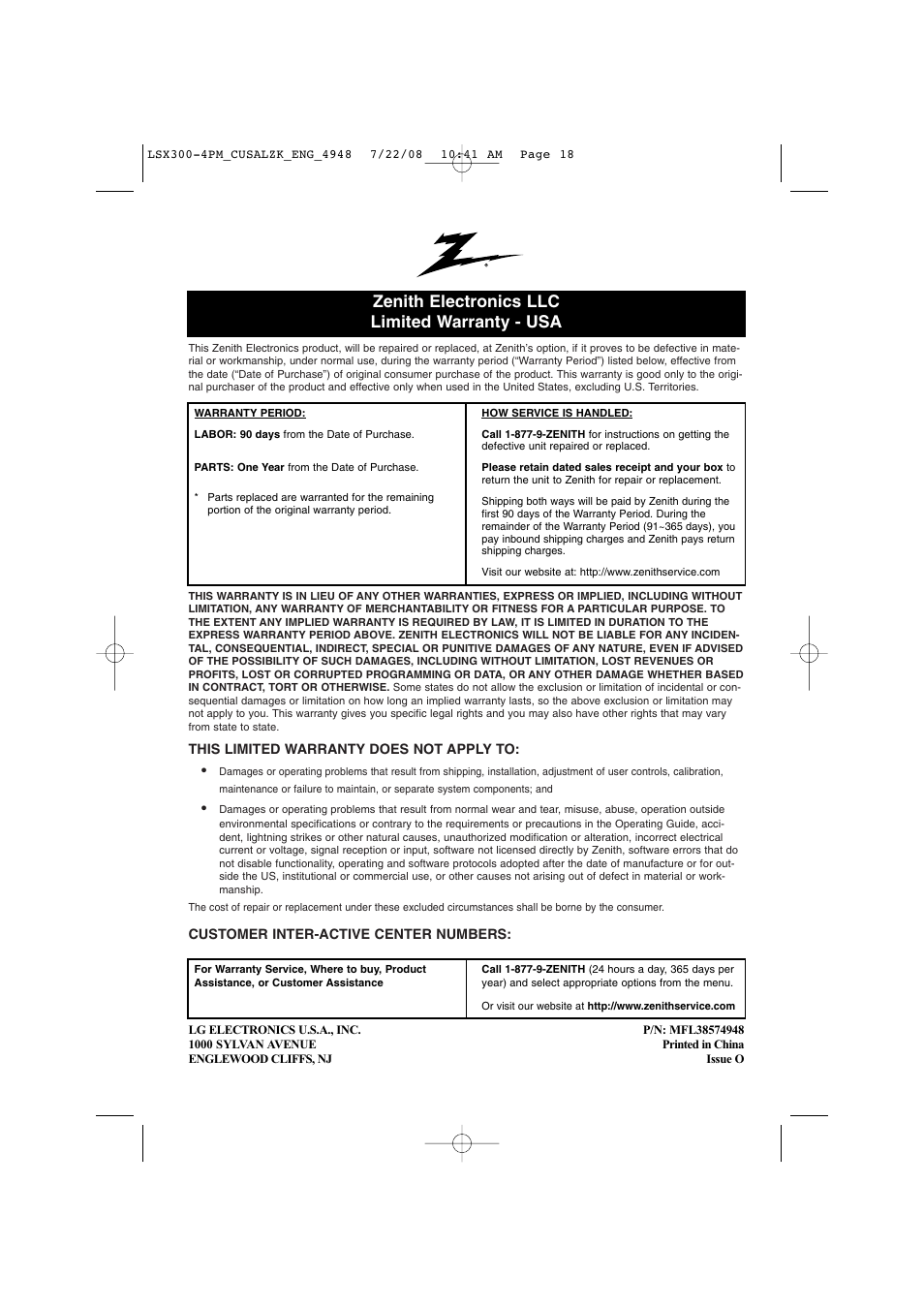 Zenith electronics llc limited warranty - usa | LG DTT901 User Manual | Page 18 / 36