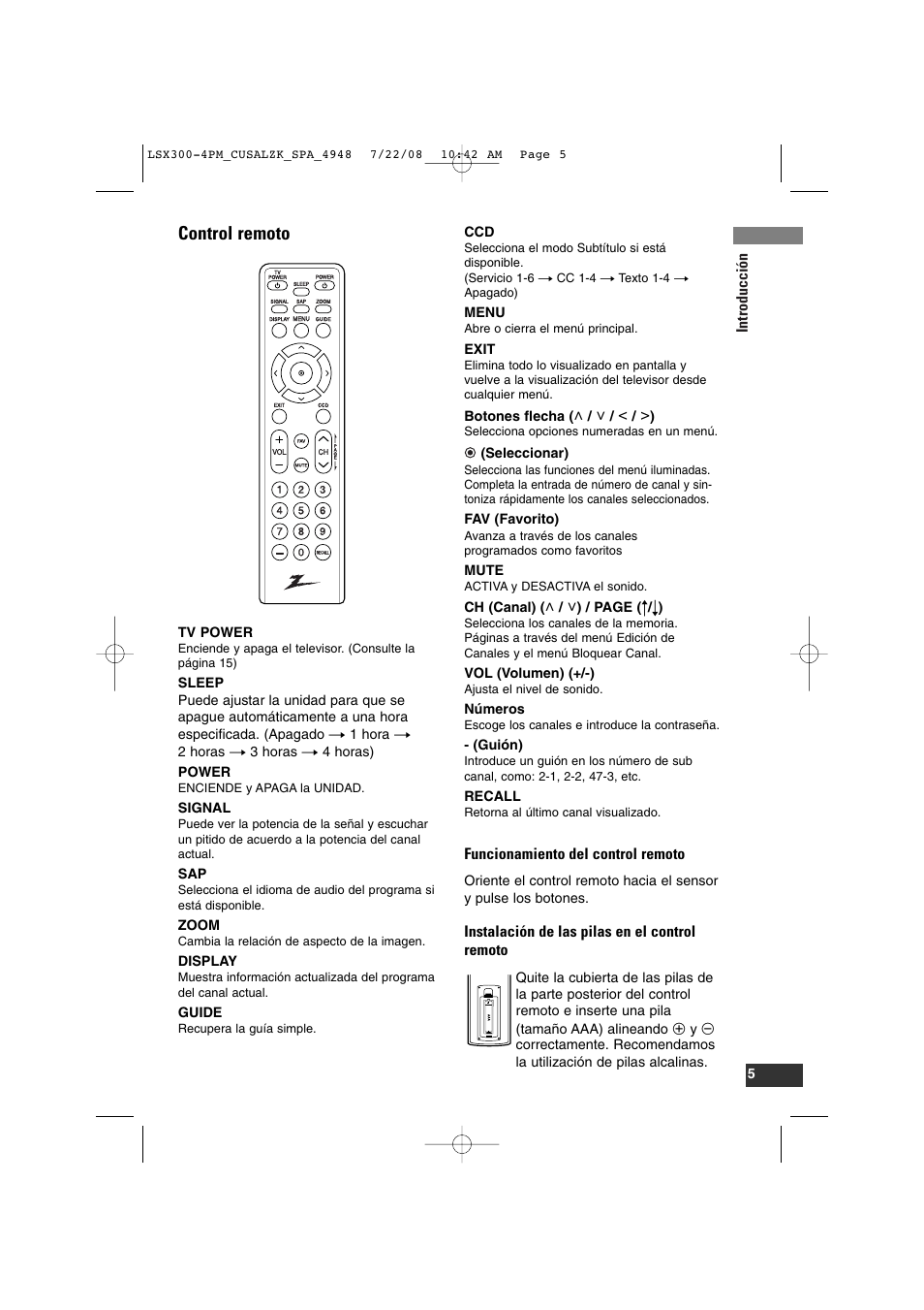 Control remoto, Introducción, Funcionamiento del control remoto | Instalación de las pilas en el control remoto | LG DTT901 User Manual | Page 23 / 36