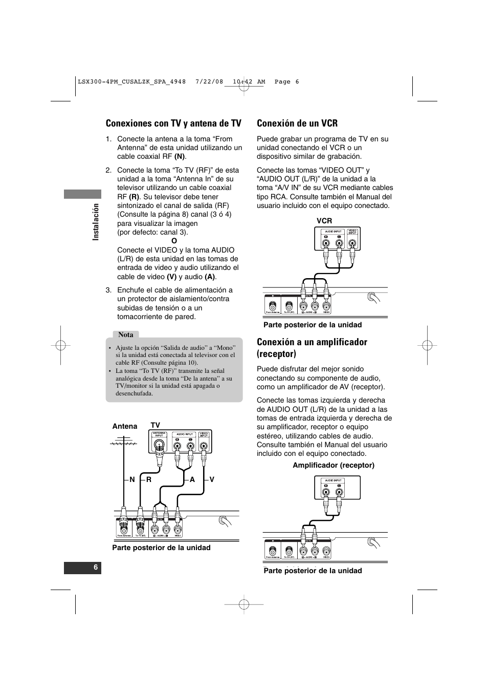 Conexiones con tv y antena de tv, Conexión de un vcr, Conexión a un amplificador (receptor) | LG DTT901 User Manual | Page 24 / 36