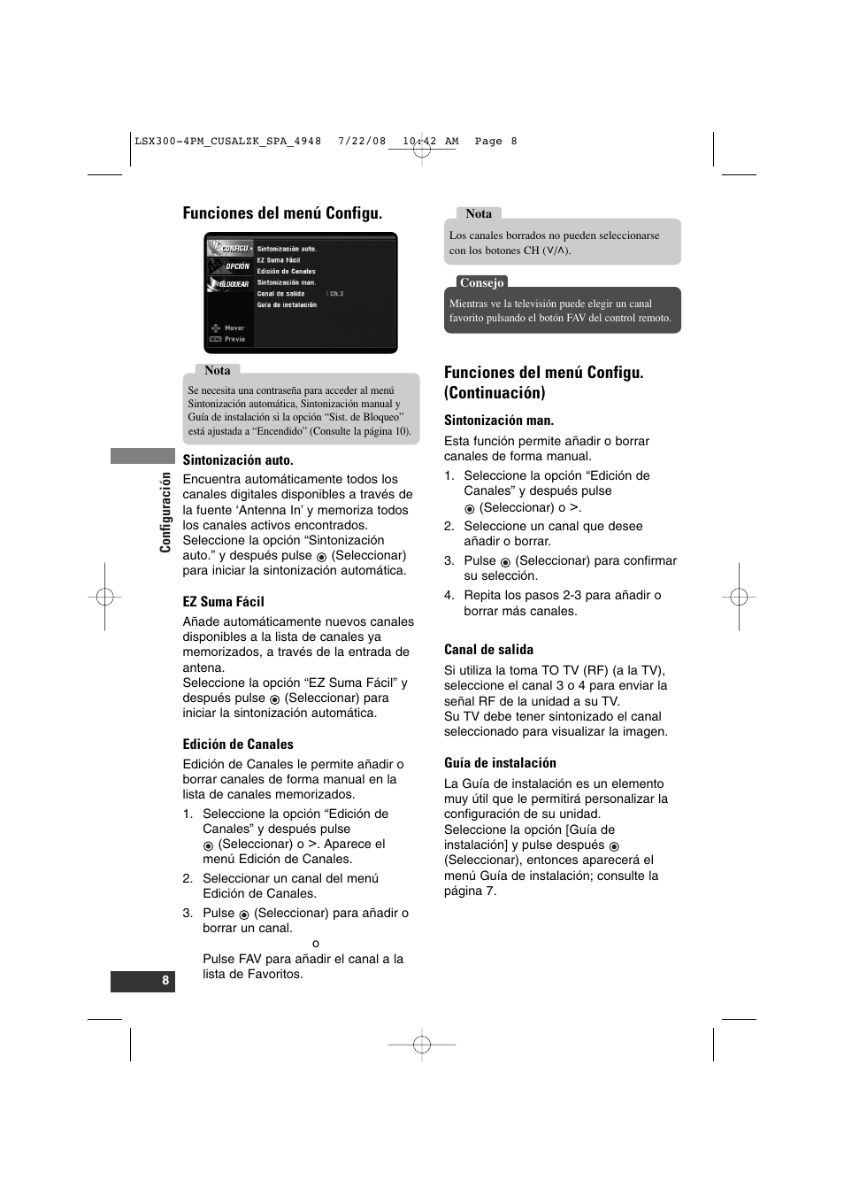 Funciones del menú configu, Funciones del menú configu. (continuación) | LG DTT901 User Manual | Page 26 / 36