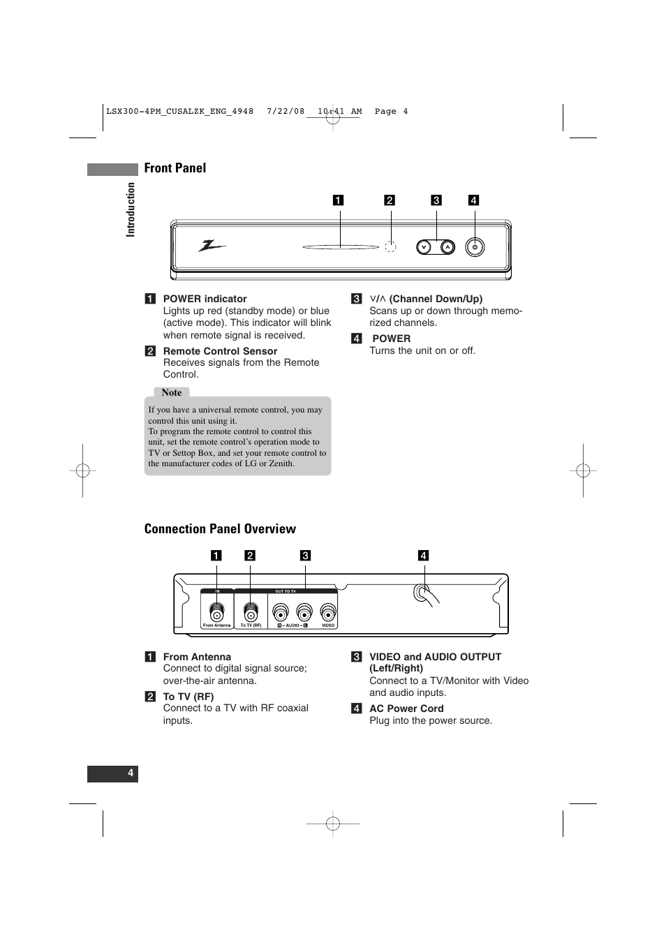 Front panel connection panel overview | LG DTT901 User Manual | Page 4 / 36