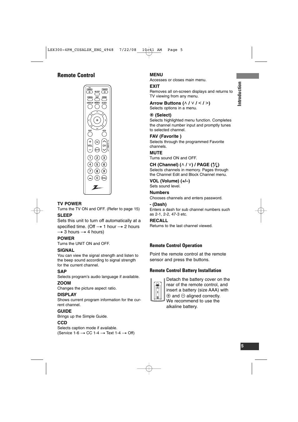 Remote control, Introduction, Remote control operation | Remote control battery installation | LG DTT901 User Manual | Page 5 / 36