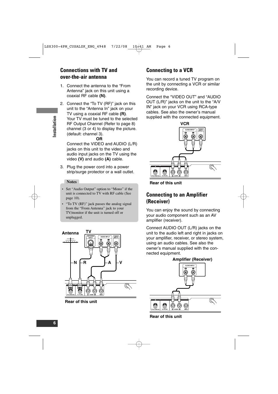 Connections with tv and over-the-air antenna, Connecting to a vcr, Connecting to an amplifier (receiver) | LG DTT901 User Manual | Page 6 / 36