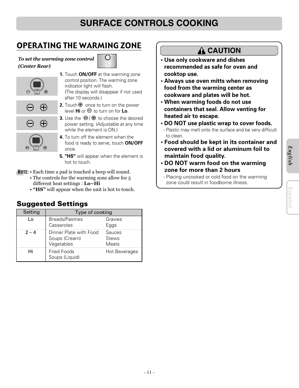 Surface controls cooking, Operating the warming zone, Caution | Suggested settings | LG LRE30955ST User Manual | Page 11 / 44