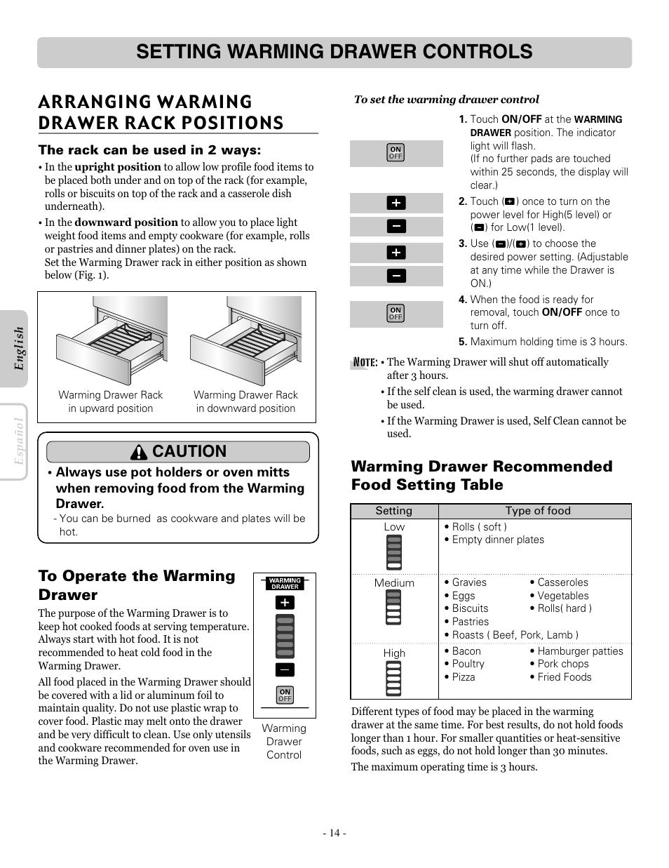 Setting warming drawer controls, Arranging warming drawer rack positions, Caution | Warming drawer recommended food setting table | LG LRE30955ST User Manual | Page 14 / 44