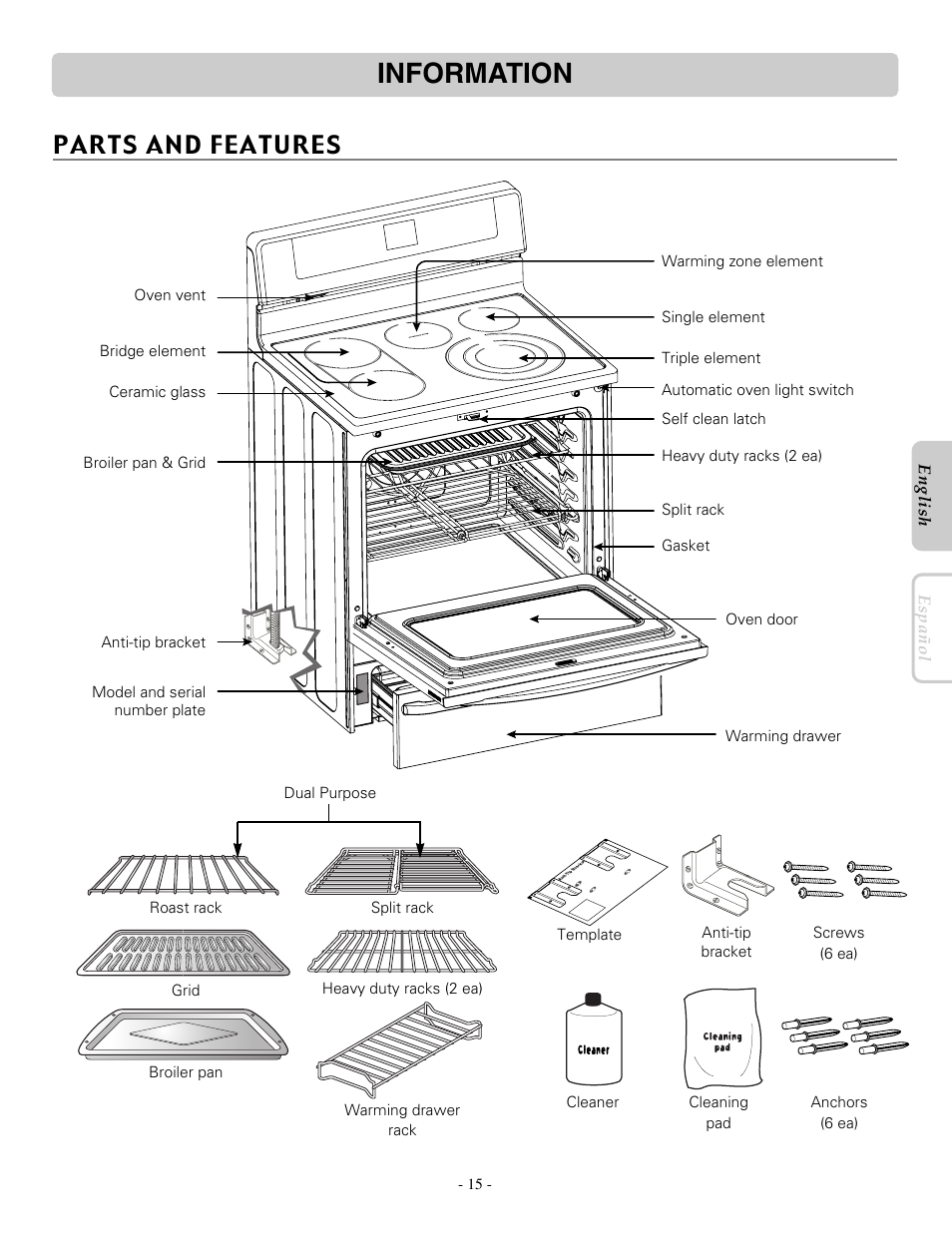 Information, Parts and features | LG LRE30955ST User Manual | Page 15 / 44