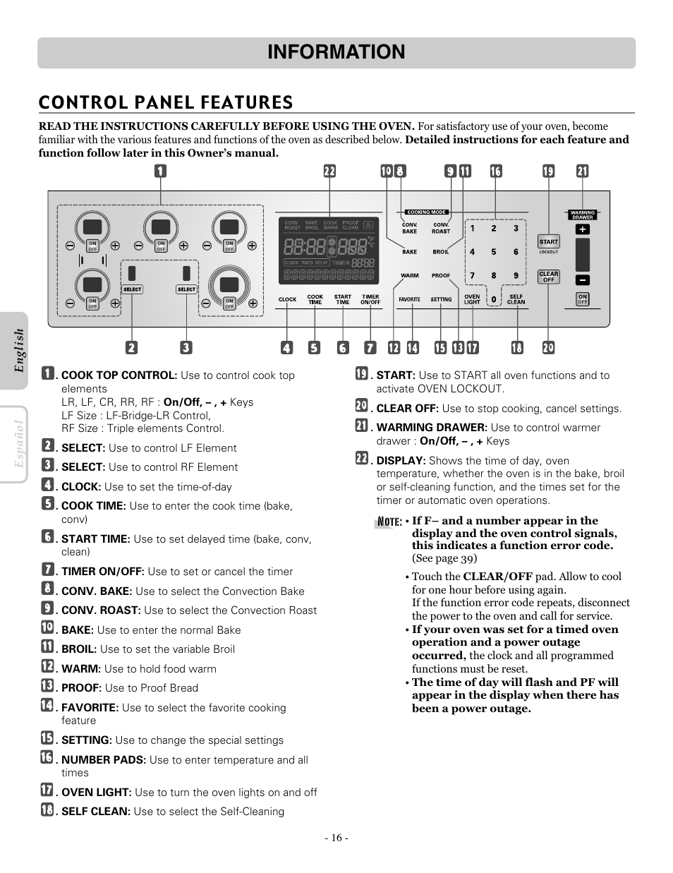 Information, Control panel features | LG LRE30955ST User Manual | Page 16 / 44