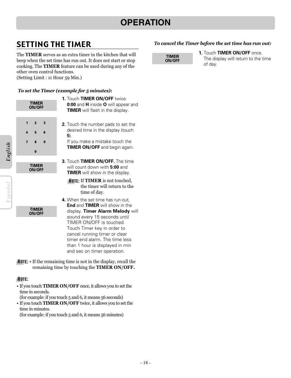 Operation, Setting the timer | LG LRE30955ST User Manual | Page 18 / 44