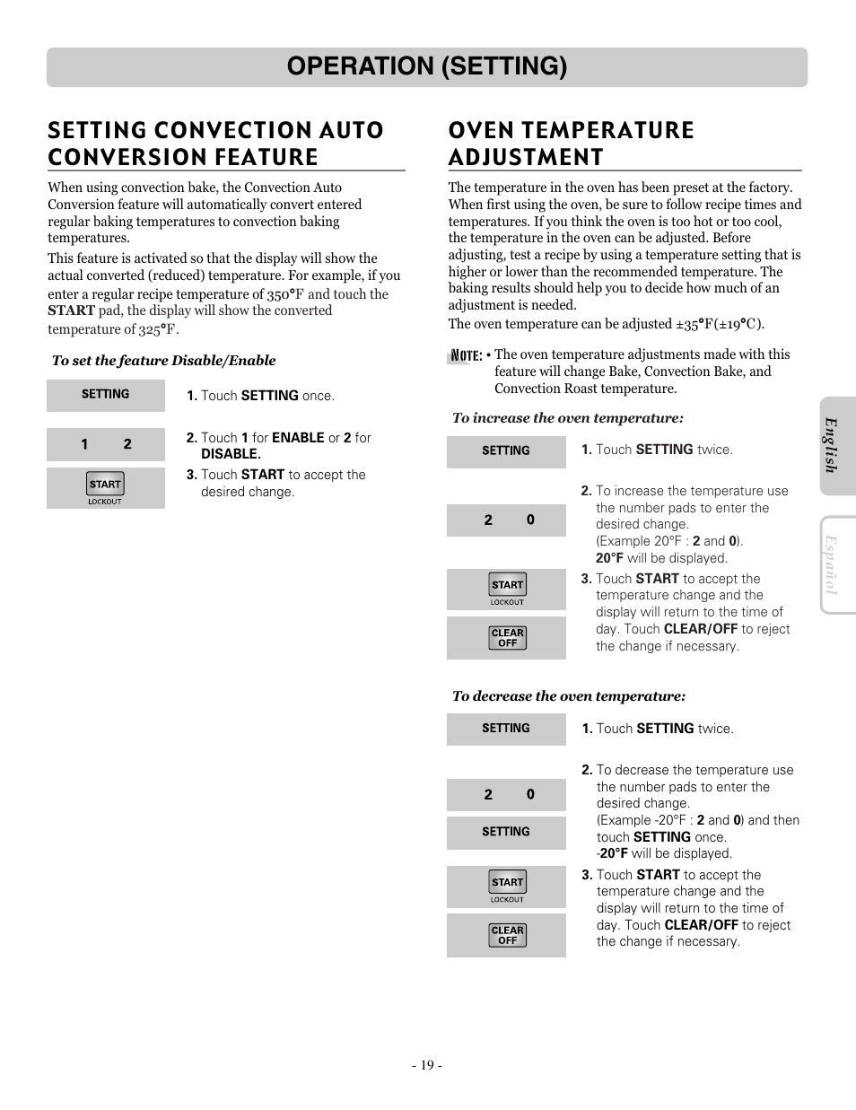 Operation (setting), Setting convection auto conversion feature | LG LRE30955ST User Manual | Page 19 / 44