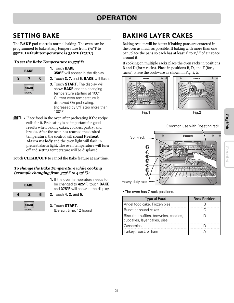 Operation, Setting bake, Baking layer cakes | LG LRE30955ST User Manual | Page 21 / 44