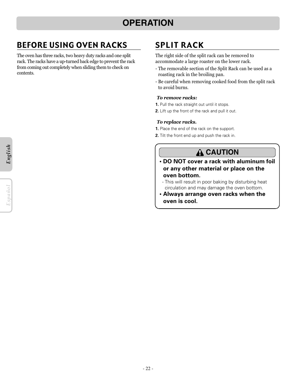 Operation, Before using oven racks, Caution | LG LRE30955ST User Manual | Page 22 / 44