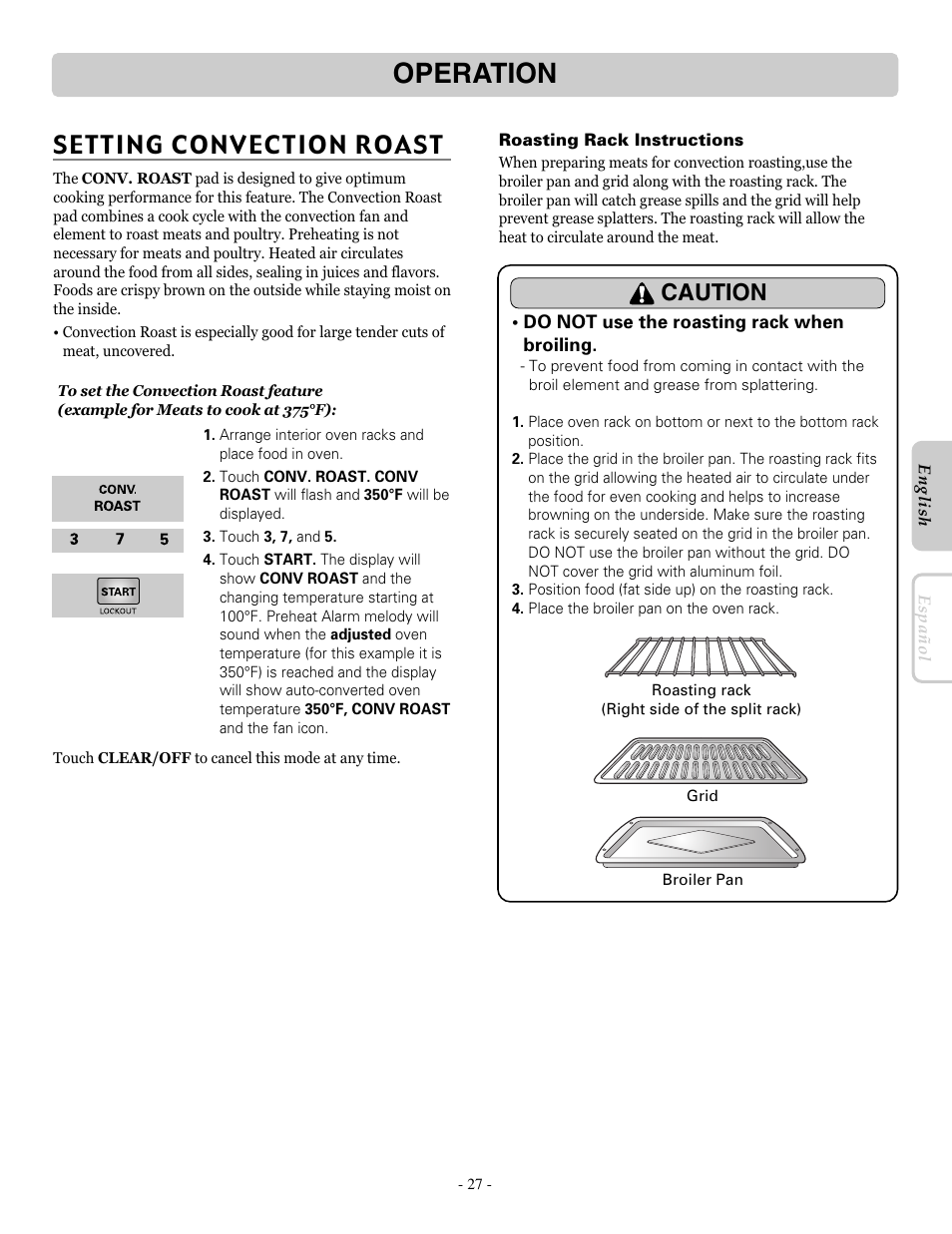 Operation, Setting convection roast, Caution | LG LRE30955ST User Manual | Page 27 / 44