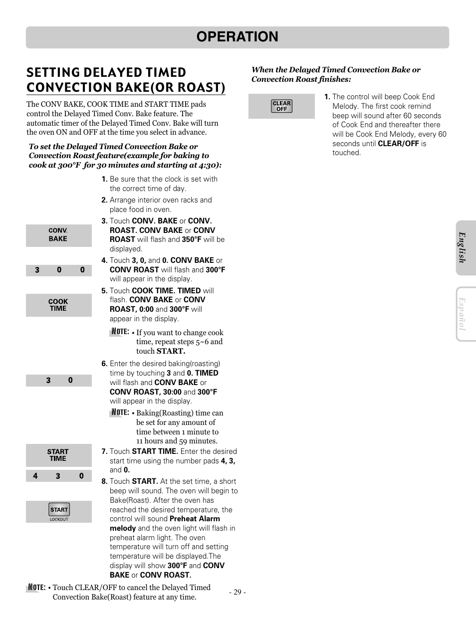 Operation, Setting delayed timed convection bake(or roast) | LG LRE30955ST User Manual | Page 29 / 44