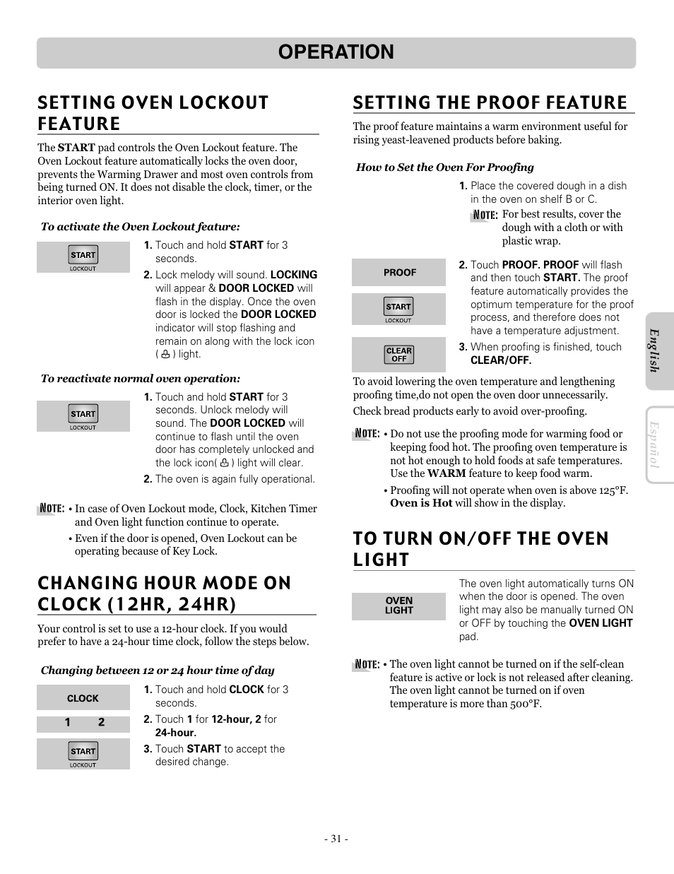 Operation, Setting the proof feature, Changing hour mode on clock (12hr, 24hr) | LG LRE30955ST User Manual | Page 31 / 44