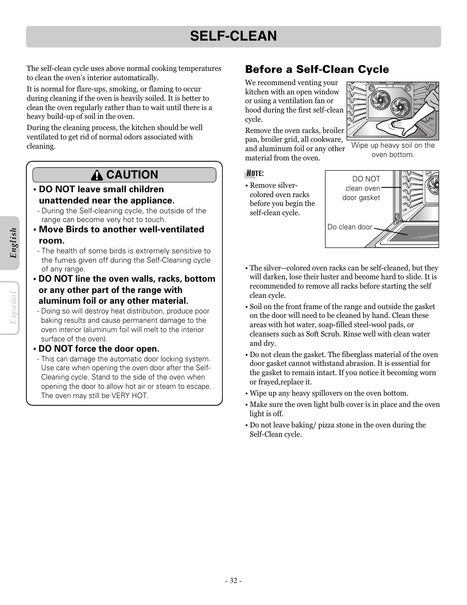 Self-clean, Caution, Before a self-clean cycle | LG LRE30955ST User Manual | Page 32 / 44