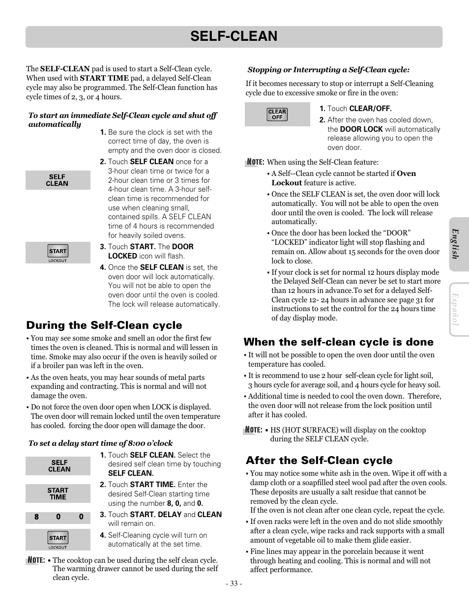 Self-clean, During the self-clean cycle, After the self-clean cycle | When the self-clean cycle is done | LG LRE30955ST User Manual | Page 33 / 44